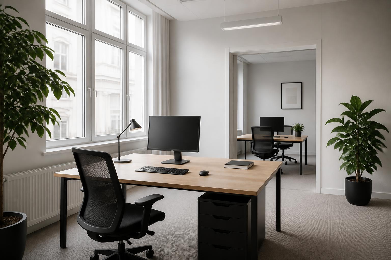 Modernt rent kontor med ekskrivbord och naturligt ljus